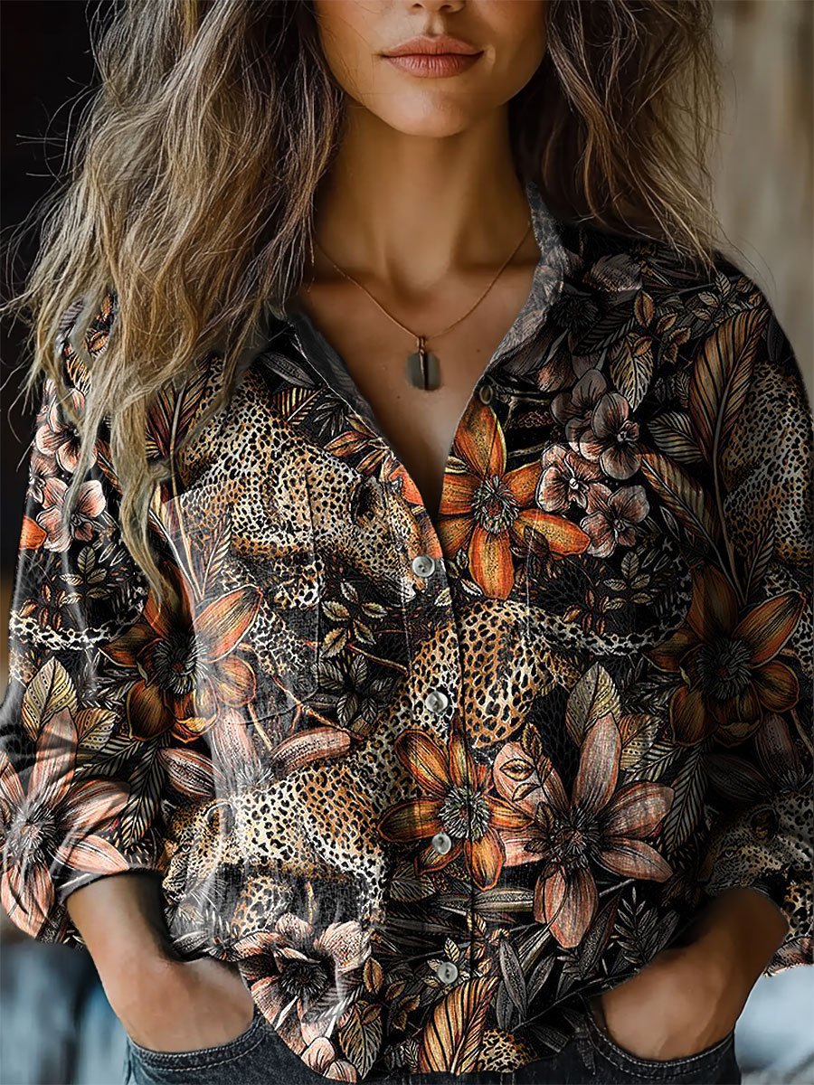 Women's Vintage Cheetah Floral Art Print Casual Long Sleeve Comfortable Cotton Shirt