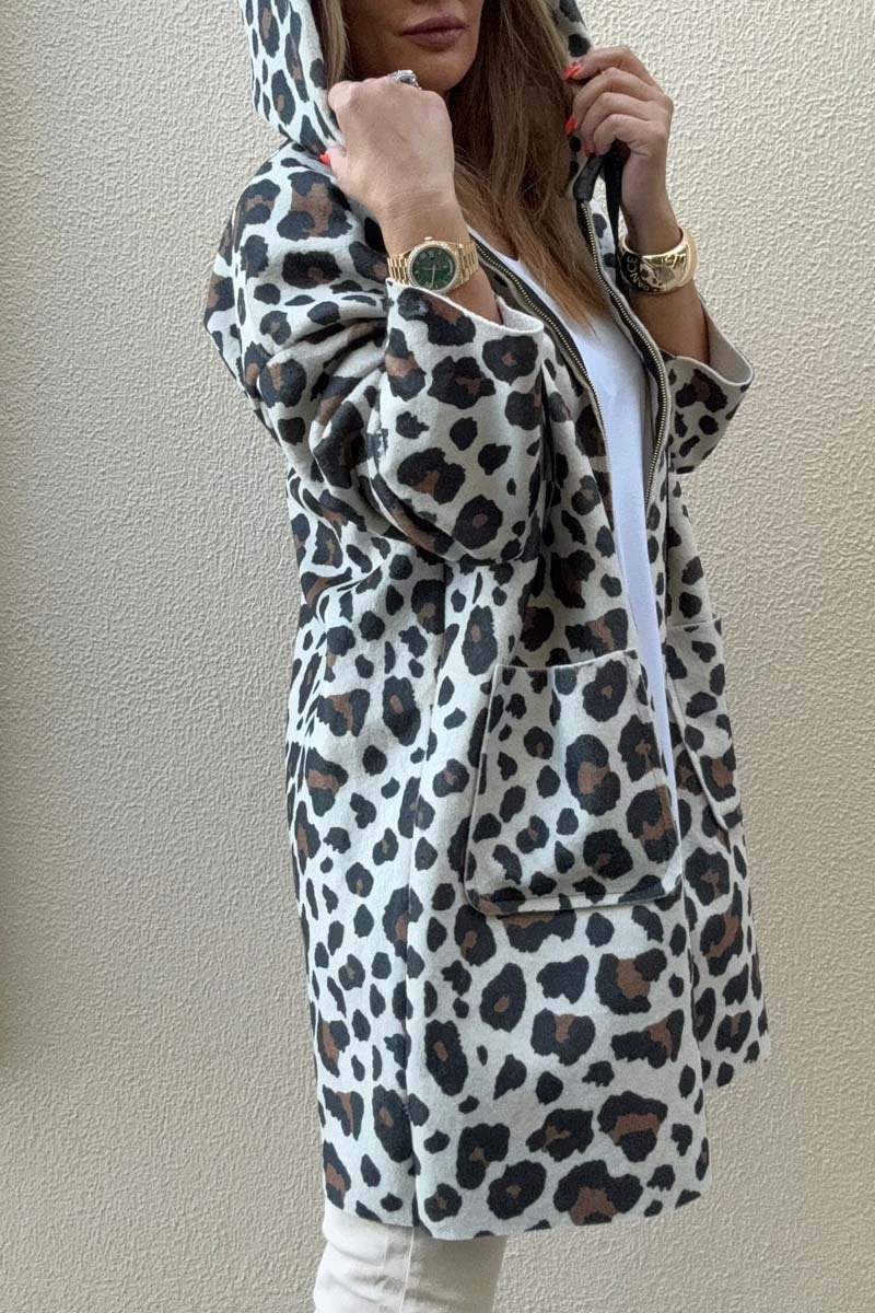 Women's Casual Loose Leopard Print Hooded Coat