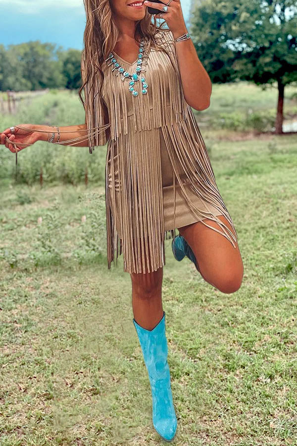 Solid Color V-neck Fringed Dress