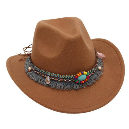 Men's Vintage Western Ethnic Tassels Cowboy Hat Knight Woolen British Felt Hat