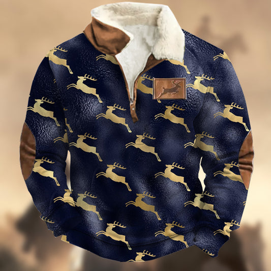 Men's Vintage Elk Print Zip Up Fur Collar Sweatshirt