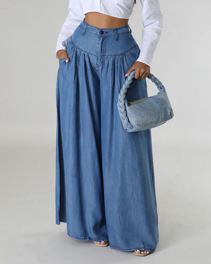 High Waist Wide Leg Denim Women Pants Casual Floor Loose Spring Skirt Trousers