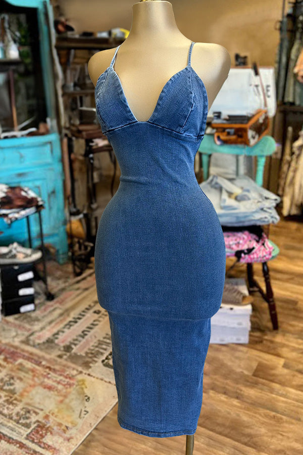 Vintage Washed Denim Heart Cross Back Dress-0520