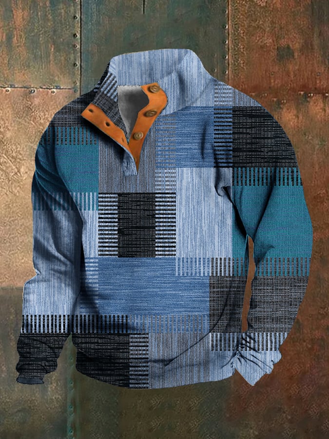 Men's Western Style Printed Stand Collar Button Sweatshirt