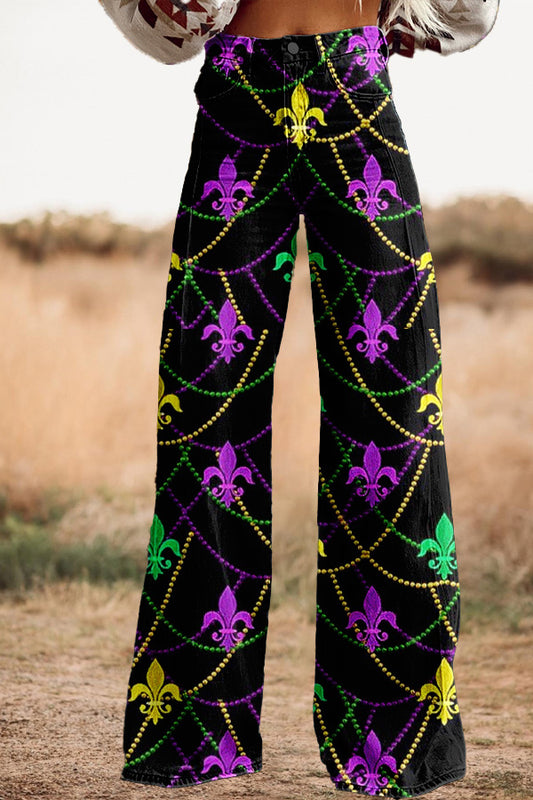 Vintage Mardi Gras Print Wide Leg Trousers