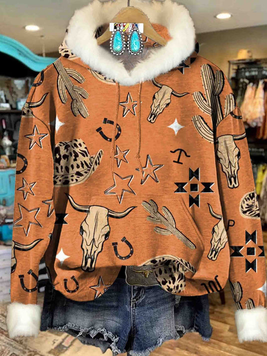 Vintage Orange Bull Head Western Art Print Imitation Rabbit Fur Trim Casual Hoodie Sweatshirt