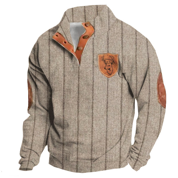 Men's Vintage Country Western Striped Cashmere Fabric Elk Logo Stand Collar Sweatshirt