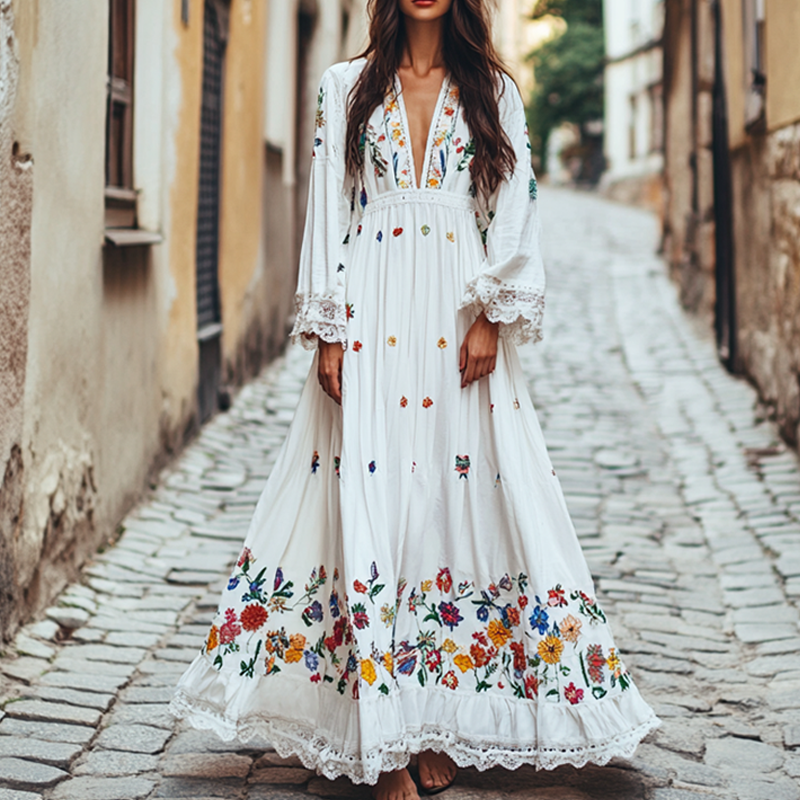 Women's Outdoor Vacation Elegant Lady Bohemian Flower Embroidered Lace Splicing V-neck Opening White Dress