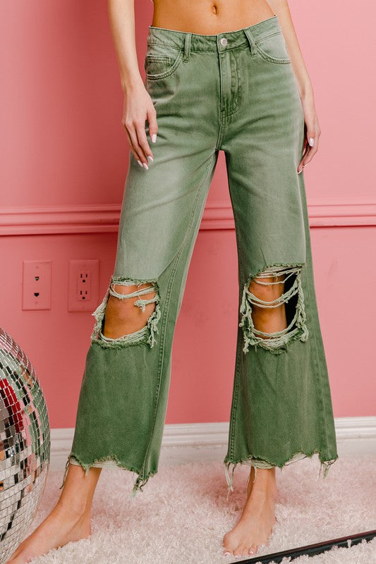 Distressed Vintage Washed Wide Leg Pants choice of colors