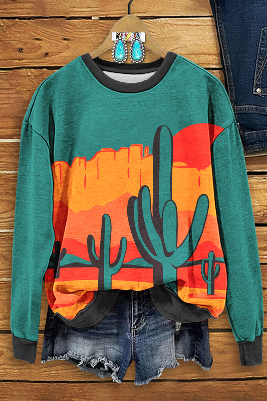 Western Cactus Print Sweatshirt