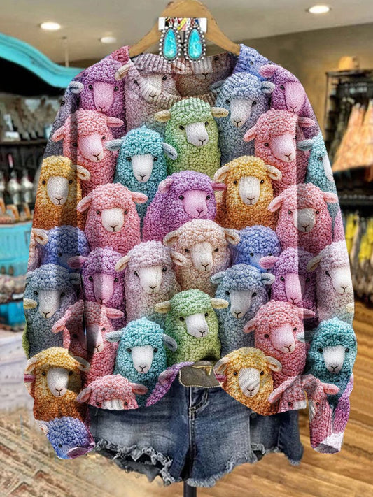 Colorful 3D Cute Sheep Print Knit Pullover Sweater