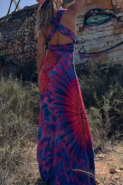 Generate Joy Tie-dye Print V-neck Cross Back Straps Stretch Maxi Dress