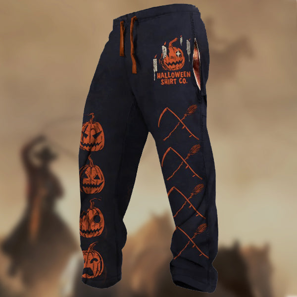 Men's Retro Halloween Pumpkin Skull Print Casual Sweatpants