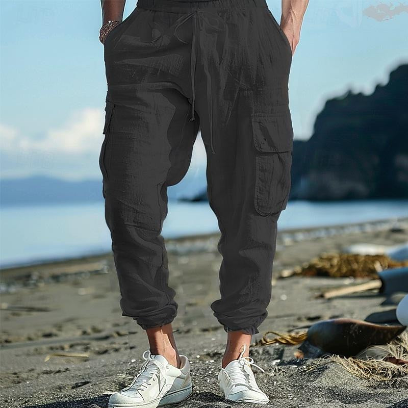 Men's Casual Drawstring Solid Color Loose Cotton Linen Work Pants