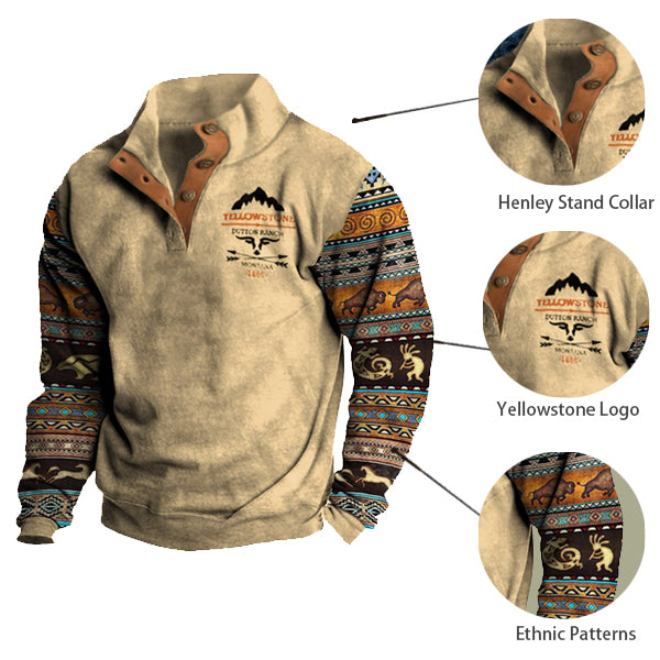 Men's Retro Western Yellowstone Ethnic Print Casual Henley Stand Collar Sweatshirt