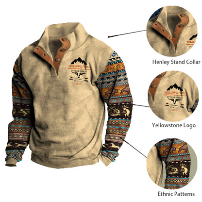 Men's Retro Western Yellowstone Ethnic Print Casual Henley Stand Collar Sweatshirt