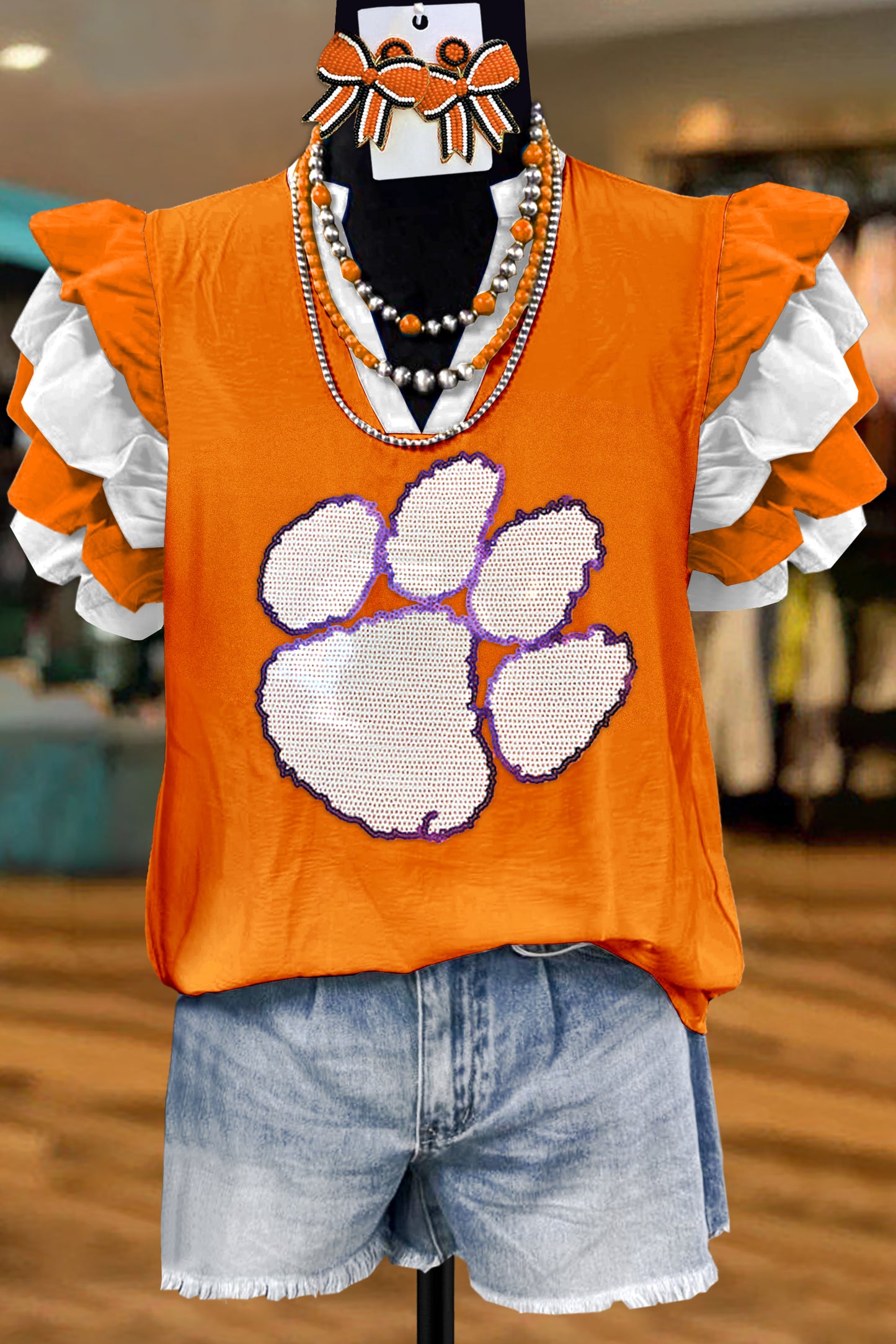 Classic Clemson Tigers Sequined Fly Sleeve Blouse