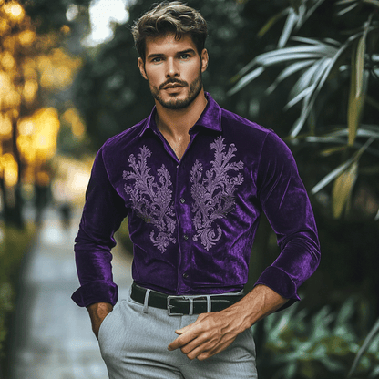 Men's Gentleman Regular Fit Crushed Flower Embroidery Purple Velvet Shirt