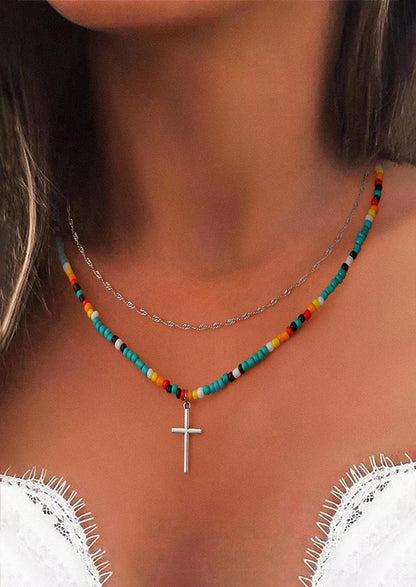 2Pcs Colorful Beading Cross Pendant Necklace