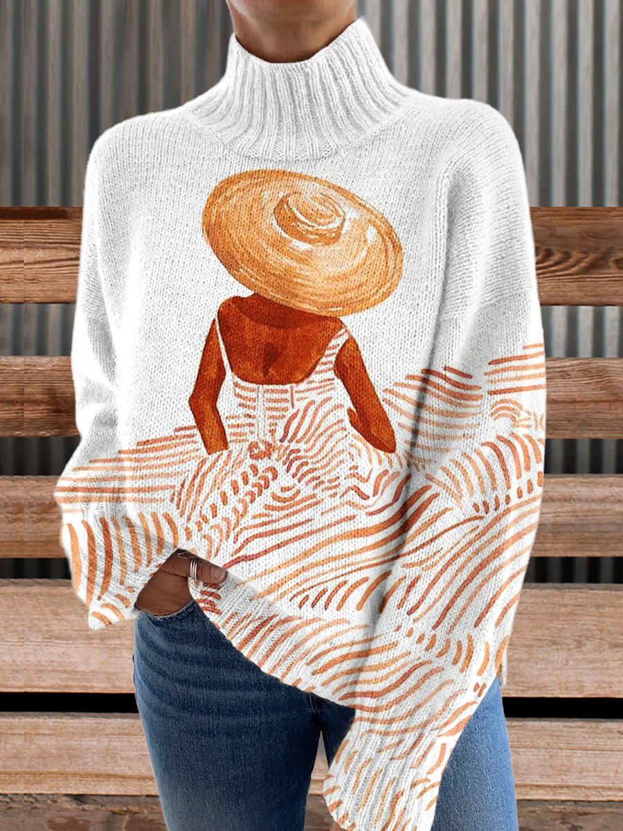 Vintage Print Knit Turtleneck Pullover Sweater