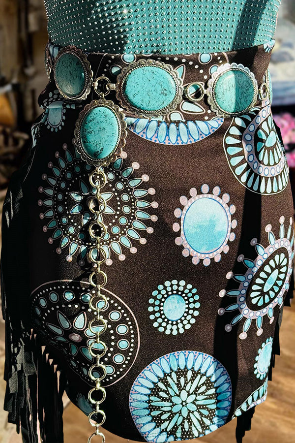 Turquoise Print Fringed Skirt-0520