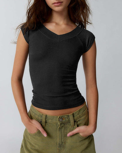 Y2K Solid Color T-Shirt Tight V-Neck Knitted Top