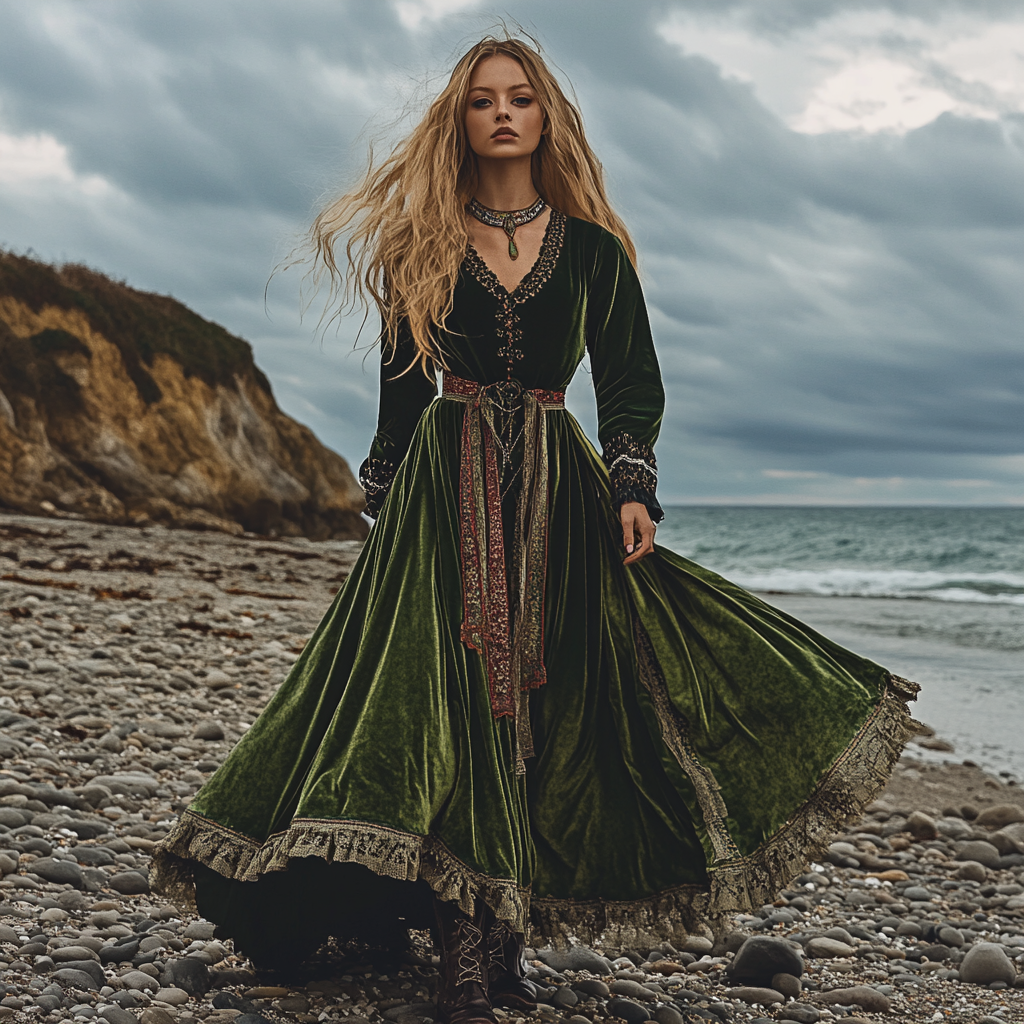 Breezy Bohemian Beach Vacation Autumn And Winter Velvet Ethnic Style Fluttering Dress