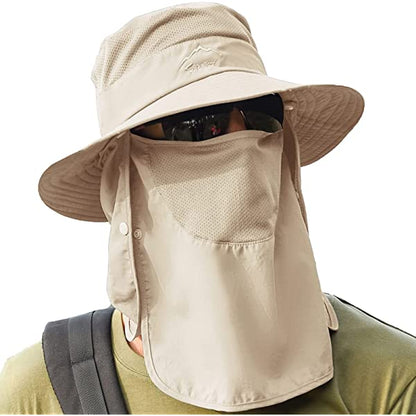 UPF 50+ Sun Fishing Hat for Men Women Wide Brim Hat with Detachable Face Cover & Neck Flap Khaki