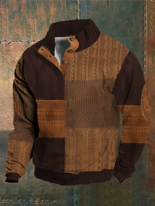 Men's Western Vintage Knitted Patchwork Printed Stand Collar Button Sweatshirt