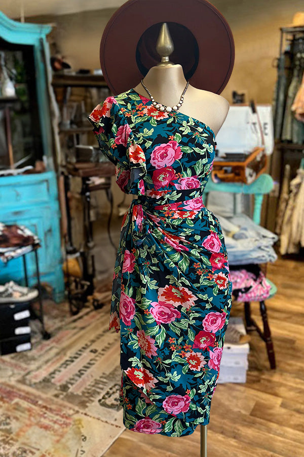 Beautiful Wrapped Floral One Sleeve Multicolor Dress