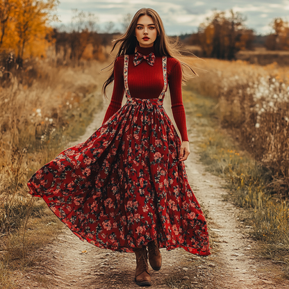 Women's Two-piece Bohemian Pastoral Suspender Floral Dress Autumn And Winter Retro Long Skirt Two-piece Set