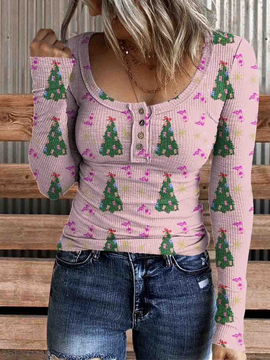 Women's Christmas Tree Print Comfortable Cotton Henley Shirt