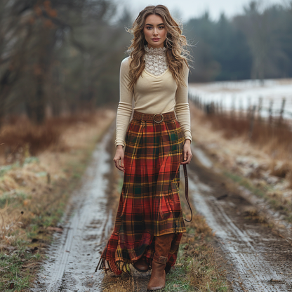 Women's Retro Plaid High Collar Long Sleeve Long Skirt Pastoral Style Dress