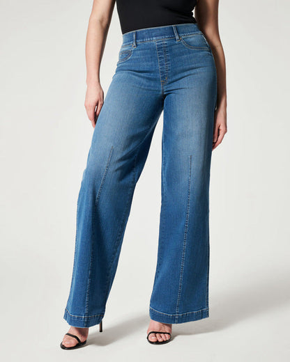 Wide-Leg High Stretch Elastic Waist Washed Jeans