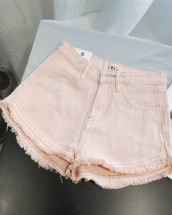 Solid Color Retro High Waist Raw Edge Fringed Denim Shorts