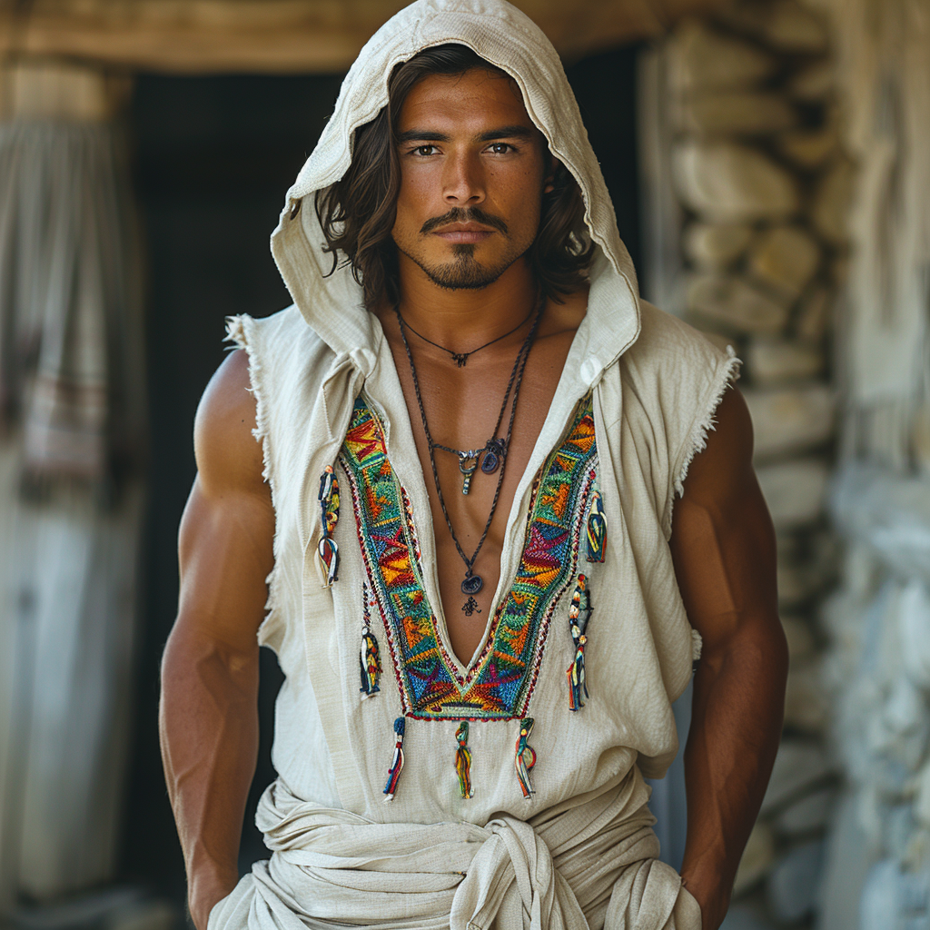 Retro Men's Ethnic V-Neck Sleeveless Linen Hoodie Casual Retro Tribal Top Bohemian Style Sleeveless Tank Top