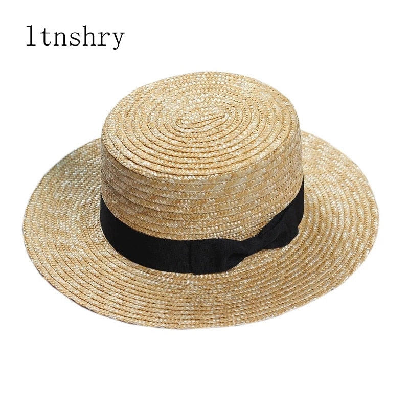 New Summer Women's Boater Beach Hat Wide side Female Casual Panama Hat Lady Classic Flat Bowknot Straw Sun Hat Women Fedora