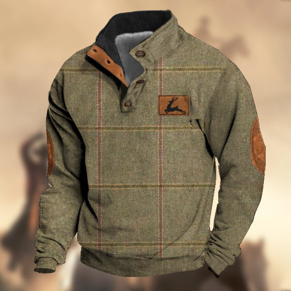 Men's Vintage Country Western Hunting Elk Earthy Khaki Wool Plaid Print Stand Collar Sweatshirt