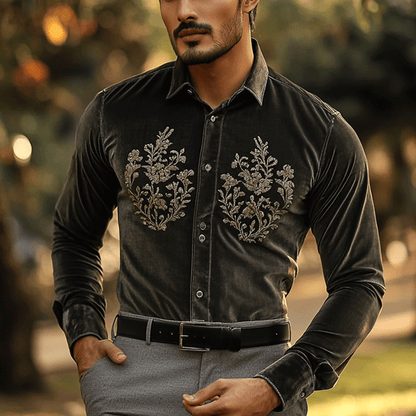 Men's Vintage Regular Fit Crushed Embroidery Gray Velvet Shirt