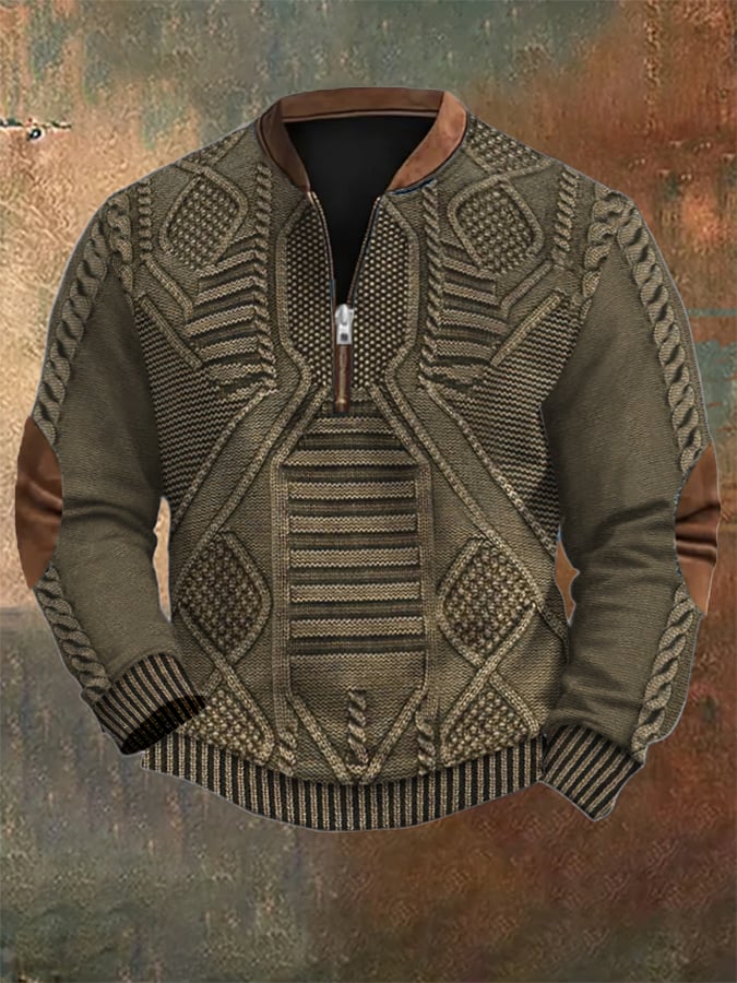 Men's Vintage Knit Print Zip-Up Sweatshirt