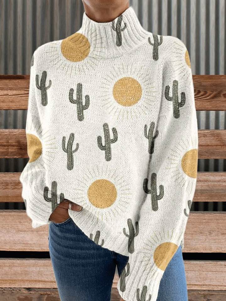 Sun Cactus Print Knit Turtleneck Pullover Sweater