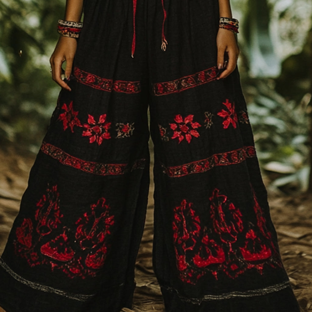 Bohemian Holiday Style Retro Linen Floral Ethnic Totem Print Casual Pants