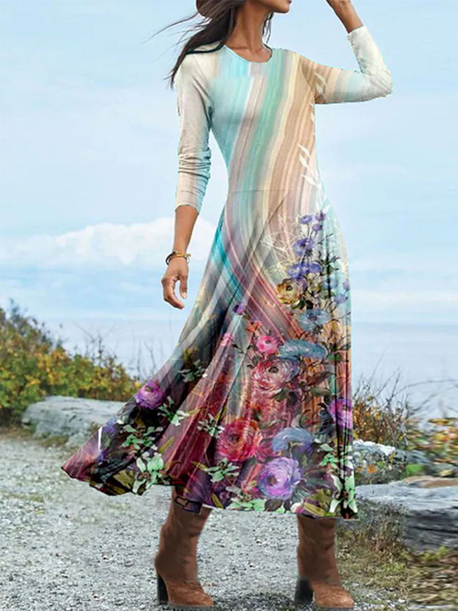 Oil Painting Floral Print Round Neck Long Sleeve Dress