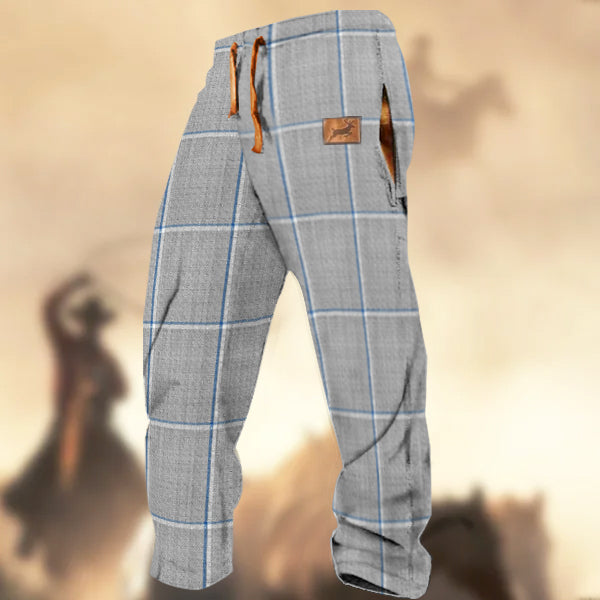 Men's Retro Western Country Plaid Elk Logo Printed Casual Sweatpants