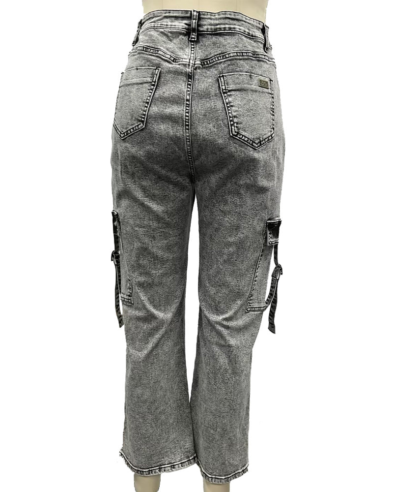 Women's High Waist Cargo Jeans Flap Pocket Wide Leg Denim Pants