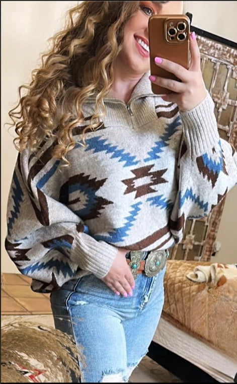 Women's Lapel Western Aztec Sweater