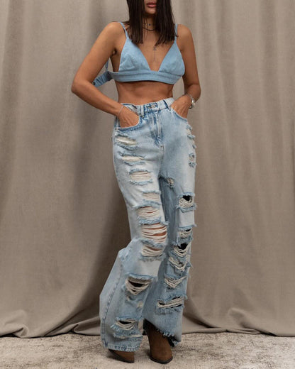 Wasteland Style Ripped Longwide Leg Jeans