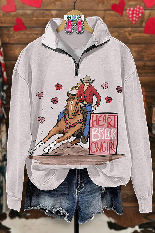 Retro Western Valentine's Day Cowgirl Print Zipper Sweatshirt