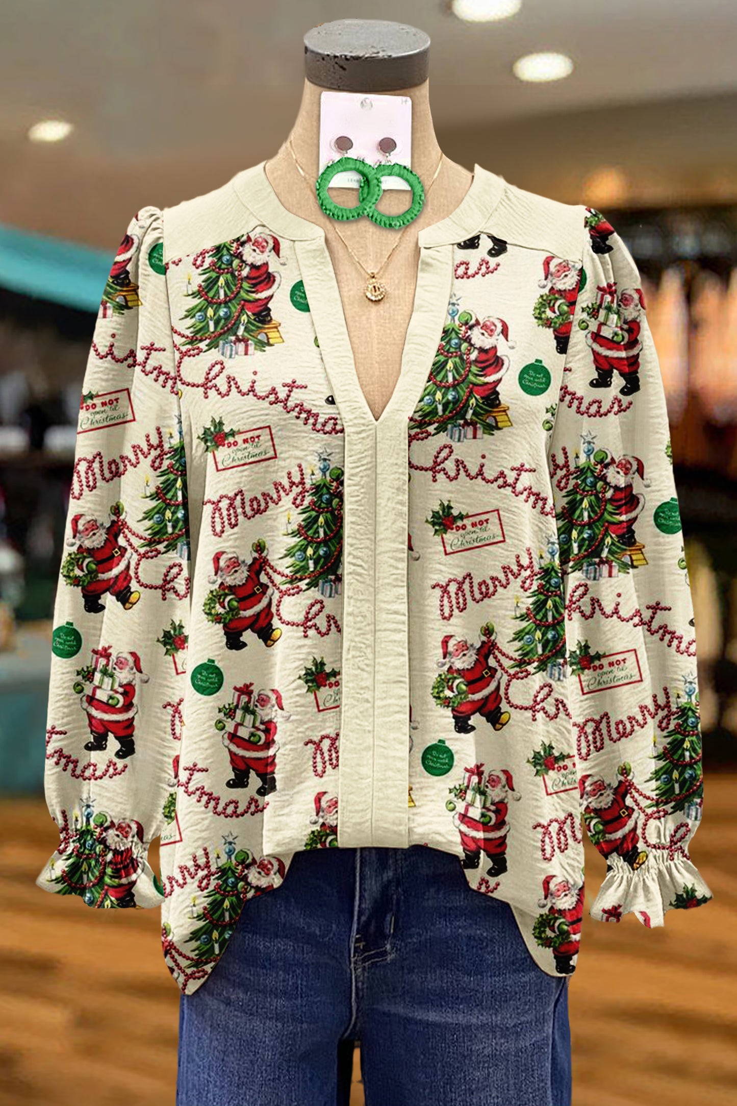 Vintage Merry Christmas Print V-Neck Blouse