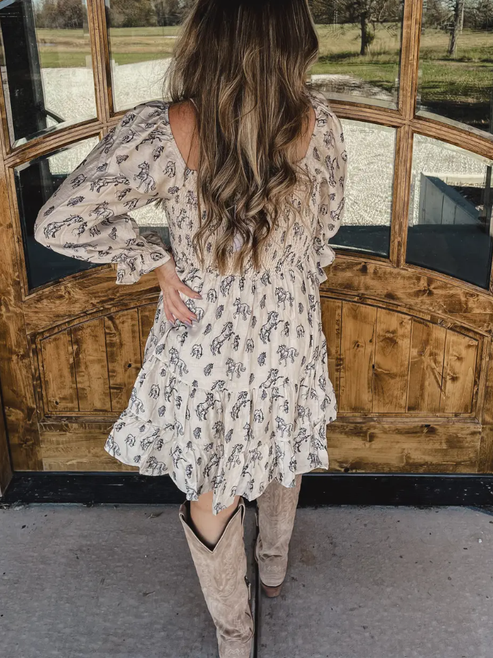 Horse Print Puff Sleeve Tiered Mini Dress